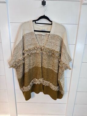 World Market OS Brown-cream fringe Bohemian chic oversized one button shawl